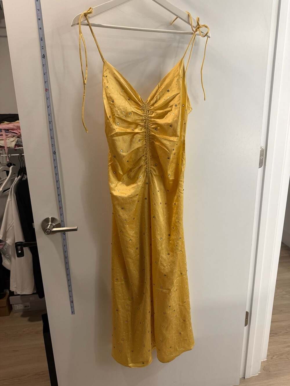 Sandro Yellow Rhinestone Embellished Ruched Midi Dress Size L - Picture 1 of 6